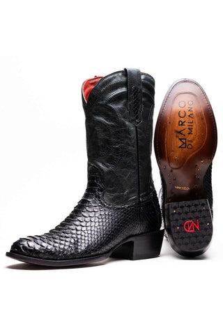 Marco Di Milano Kansas Black Genuine Python / Calf-Skin Leather Cowboy Boot (MDM1211)-AmbrogioShoes
