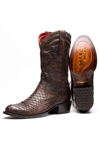 Marco Di Milano Kansas Brown Genuine Python / Calf-Skin Leather Cowboy Boot (MDM1211)-AmbrogioShoes
