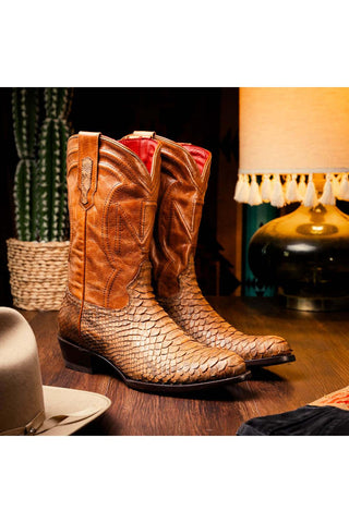 Marco Di Milano Kansas Cognac Exotic Python Skin Cowboy Boot (MDM1247)-AmbrogioShoes