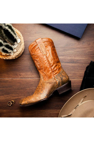 Marco Di Milano Kansas Cognac Exotic Python Skin Cowboy Boot (MDM1247)-AmbrogioShoes