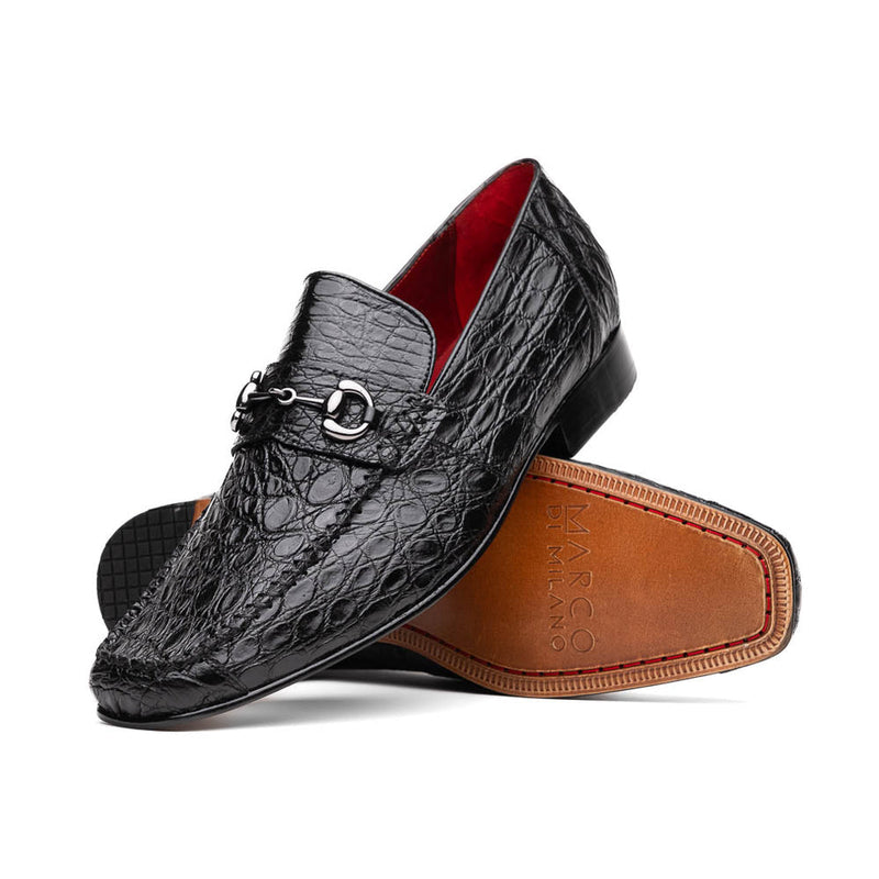 Marco Di Milano Landro Men's Shoes Black Exotic Crocodile Horsebit Loafers (MDM1023)-AmbrogioShoes