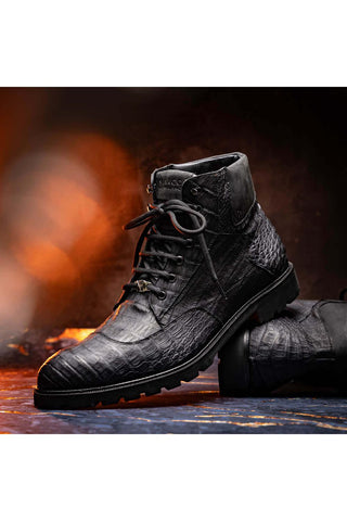 Marco Di Milano Leoni Black Genuine Caiman Crocodile Rugged Boots (MDM1089)-AmbrogioShoes