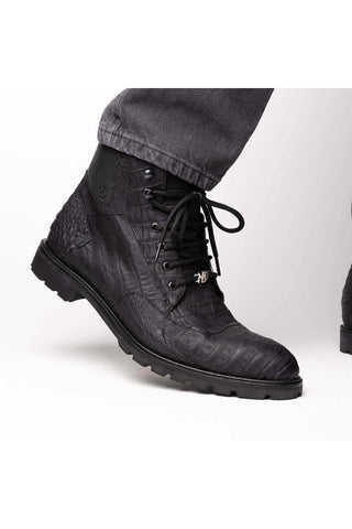 Marco Di Milano Leoni Black Genuine Caiman Crocodile Rugged Boots (MDM1089)-AmbrogioShoes
