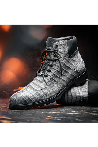 Marco Di Milano Leoni Gray Genuine Caiman Crocodile Rugged Boots (MDM1089)-AmbrogioShoes