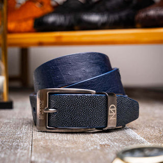 Marco Di Milano Lucca Men's Navy & Black Genuine Ostrich / Stingray Skin Belts (MDMB1046)-AmbrogioShoes