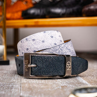 Marco Di Milano Lucca Men's Newspaper & Black Genuine Ostrich / Stingray Skin Belts (MDMB1046)-AmbrogioShoes