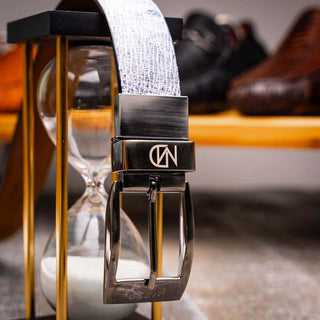 Marco Di Milano Lucca Men's Newspaper & Black Genuine Ostrich / Stingray Skin Belts (MDMB1046)-AmbrogioShoes