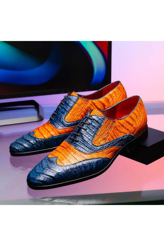 Marco Di Milano Luciano Blue & Brandy Exotic Crocodile Classic Wingtip Derby (MDM1103)-AmbrogioShoes
