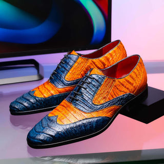 Marco Di Milano Luciano Men's Shoes Blue & Brandy Exotic Crocodile Classic Wingtip Derby (MDM1103)-AmbrogioShoes