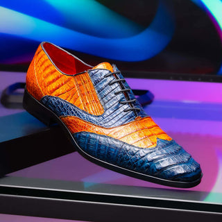 Marco Di Milano Luciano Men's Shoes Blue & Brandy Exotic Crocodile Classic Wingtip Derby (MDM1103)-AmbrogioShoes