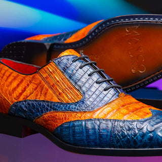 Marco Di Milano Luciano Men's Shoes Blue & Brandy Exotic Crocodile Classic Wingtip Derby (MDM1103)-AmbrogioShoes