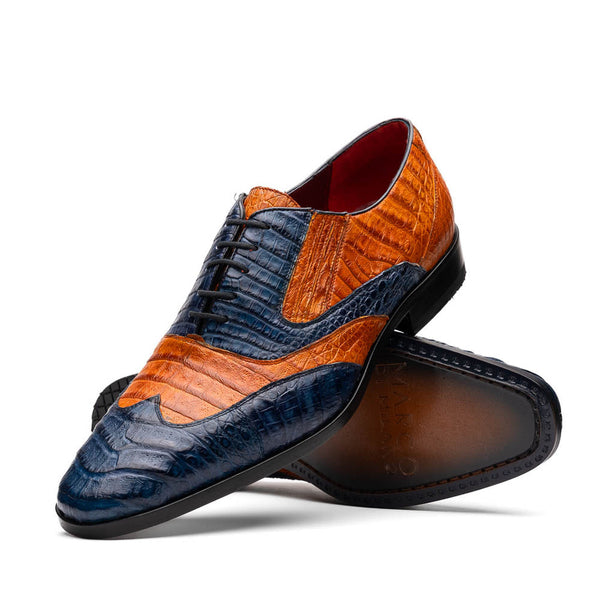 Marco Di Milano Luciano Men's Shoes Cognac & Navy Exotic Crocodile Classic Wingtip Dress Derby Oxfords (MDM1102)-AmbrogioShoes