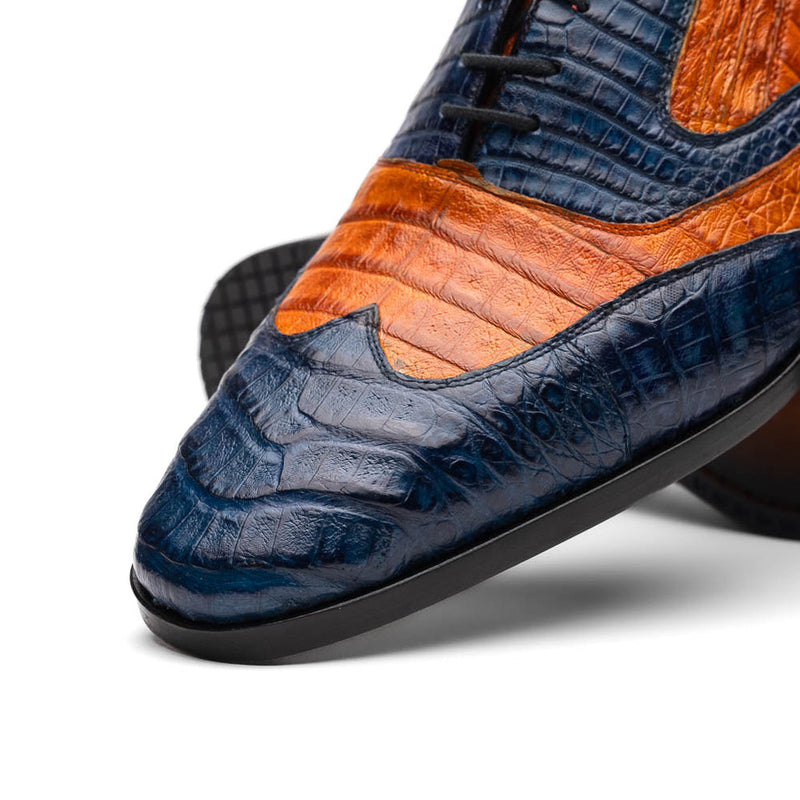 Marco Di Milano Luciano Men's Shoes Cognac & Navy Exotic Crocodile Classic Wingtip Dress Derby Oxfords (MDM1102)-AmbrogioShoes