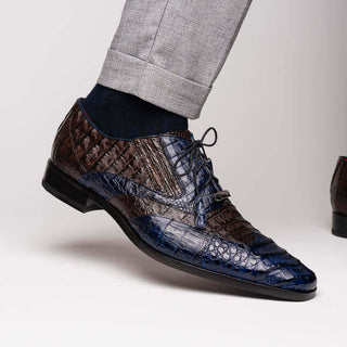 Marco Di Milano Luciano Men's Shoes Navy & Brown Exotic Crocodile Classic Wingtip Derby (MDM1103)-AmbrogioShoes