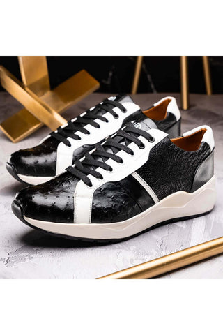 Marco Di Milano Lyon Black & White Calf-Skin / Ostrich Casual Sneakers (MDM1072)-AmbrogioShoes