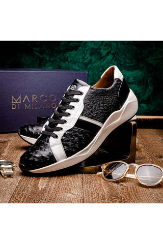 Marco Di Milano Lyon II Black & White Calf-Skin / Ostrich Leg Casual Sneakers (MDM1070)-AmbrogioShoes