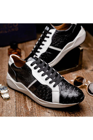 Marco Di Milano Lyon II Black & White Calf-Skin / Ostrich Leg Casual Sneakers (MDM1070)-AmbrogioShoes