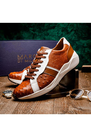 Marco Di Milano Lyon II Brandy & White Calf-Skin / Ostrich Leg Casual Sneakers (MDM1068)-AmbrogioShoes