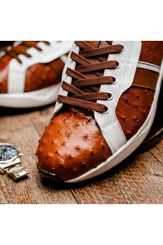 Marco Di Milano Lyon II Brandy & White Calf-Skin / Ostrich Leg Casual Sneakers (MDM1068)-AmbrogioShoes