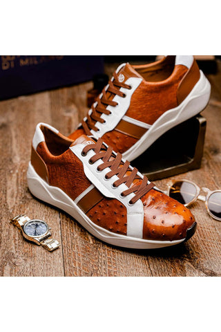 Marco Di Milano Lyon II Brandy & White Calf-Skin / Ostrich Leg Casual Sneakers (MDM1068)-AmbrogioShoes