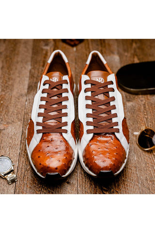 Marco Di Milano Lyon II Brandy & White Calf-Skin / Ostrich Leg Casual Sneakers (MDM1068)-AmbrogioShoes