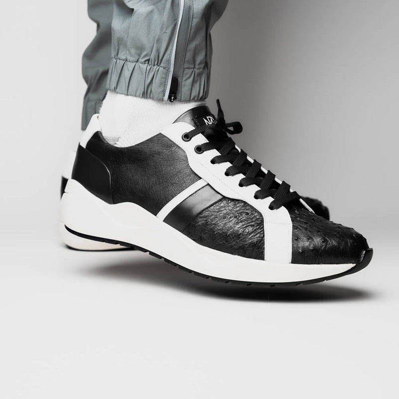 Marco Di Milano Lyon II Men's Shoes Black & White Calf-Skin / Ostrich Leg Casual Sneakers (MDM1070)-AmbrogioShoes