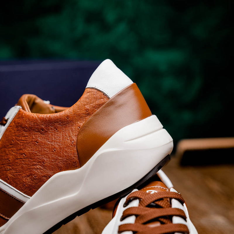 Marco Di Milano Lyon II Men's Shoes Brandy & White Calf-Skin / Ostrich Leg Casual Sneakers (MDM1068)-AmbrogioShoes