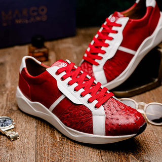 Marco Di Milano Lyon II Men's Shoes Red & White Calf-Skin / Ostrich Leg Casual Sneakers (MDM1069)-AmbrogioShoes