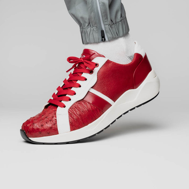 Marco Di Milano Lyon II Men's Shoes Red & White Calf-Skin / Ostrich Leg Casual Sneakers (MDM1069)-AmbrogioShoes