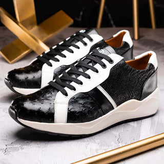 Marco Di Milano Lyon Men's Shoes Black & White Calf-Skin / Ostrich Casual Sneakers (MDM1072)-AmbrogioShoes