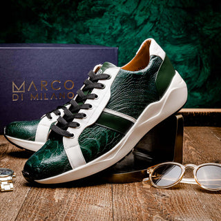 Marco Di Milano Lyon Men's Shoes Green & White Calf-Skin / Ostrich Casual Sneakers (MDM1072)-AmbrogioShoes
