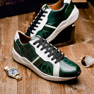 Marco Di Milano Lyon Men's Shoes Green & White Calf-Skin / Ostrich Casual Sneakers (MDM1072)-AmbrogioShoes