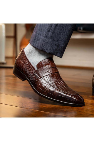 Marco Di Milano Matteo Brown Genuine Alligator Penny Loafers (MDM1182)-AmbrogioShoes
