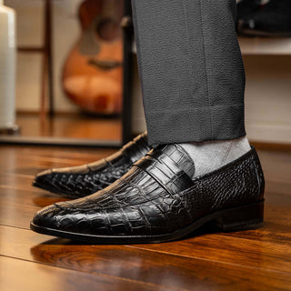 Marco Di Milano Matteo Men's Shoes Black Genuine Alligator Penny Loafers (MDM1182)-AmbrogioShoes