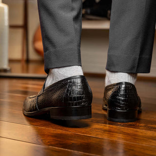 Marco Di Milano Matteo Men's Shoes Black Genuine Alligator Penny Loafers (MDM1182)-AmbrogioShoes