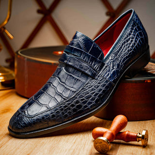 Marco Di Milano Matteo Men's Shoes Navy Genuine Alligator Penny Loafers (MDM1182)-AmbrogioShoes
