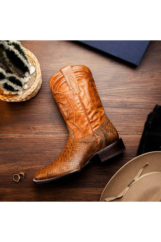 Marco Di Milano Missouri Cognac Exotic Python Skin Cowboy Boot (MDM1243)-AmbrogioShoes
