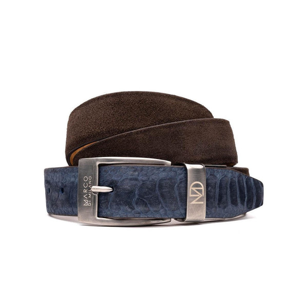 Marco Di Milano Navy & Brown Genuine Ostrich Leg / Suede Leather Men's Belts (MDMB1040)-AmbrogioShoes