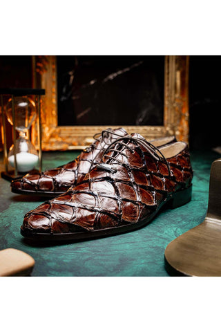 Marco Di Milano Olivieri Brown Exotic Pirarucu Leather Whole cut Oxfords (MDM1028)-AmbrogioShoes