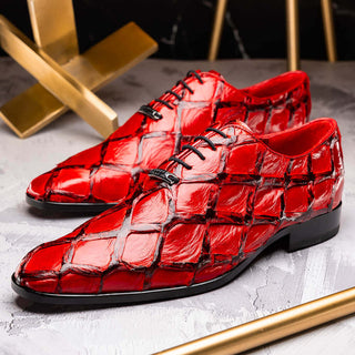 Marco Di Milano Olivieri Men's Shoes Red Exotic Pirarucu Leather Whole cut Oxfords (MDM1028)-AmbrogioShoes