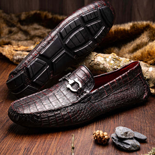 Marco Di Milano Parma Black Cherry Exotic Crocodile Moccasin Driver Horsebit Loafers (MDM1187)-AmbrogioShoes