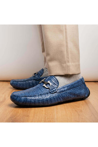 Marco Di Milano Parma Blue Jeans Exotic Crocodile Moccasin Driver Horsebit Loafers (MDM1187)-AmbrogioShoes