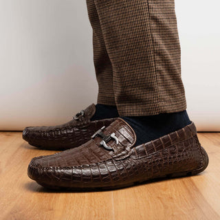 Marco Di Milano Parma Brown Exotic Crocodile Moccasin Driver Horsebit Loafers (MDM1187)-AmbrogioShoes