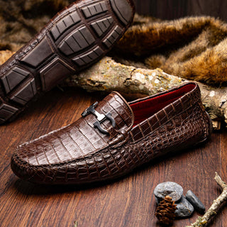 Marco Di Milano Parma Brown Exotic Crocodile Moccasin Driver Horsebit Loafers (MDM1187)-AmbrogioShoes