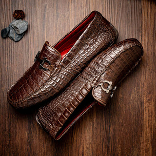 Marco Di Milano Parma Brown Exotic Crocodile Moccasin Driver Horsebit Loafers (MDM1187)-AmbrogioShoes