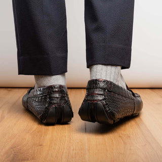 Marco Di Milano Parma Men's Shoes Black Cherry Exotic Crocodile Moccasin Driver Horsebit Loafers (MDM1187)-AmbrogioShoes