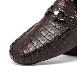 Marco Di Milano Parma Men's Shoes Black Cherry Exotic Crocodile Moccasin Driver Horsebit Loafers (MDM1187)-AmbrogioShoes
