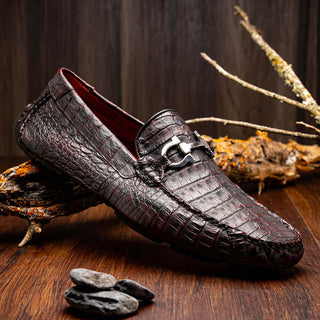 Marco Di Milano Parma Men's Shoes Black Cherry Exotic Crocodile Moccasin Driver Horsebit Loafers (MDM1187)-AmbrogioShoes