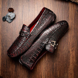 Marco Di Milano Parma Men's Shoes Black Cherry Exotic Crocodile Moccasin Driver Horsebit Loafers (MDM1187)-AmbrogioShoes
