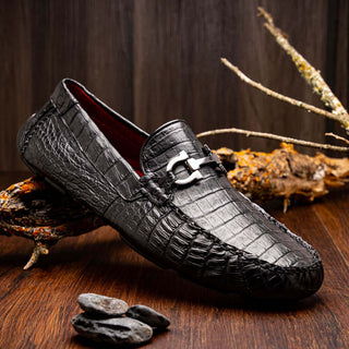 Marco Di Milano Parma Men's Shoes Black Exotic Crocodile Moccasin Driver Horsebit Loafers (MDM1187)-AmbrogioShoes